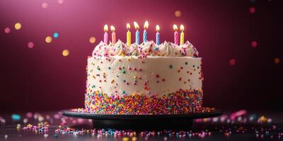 Colorful birthday cake with candles and sprinkles celebrating a joyful occasion photo