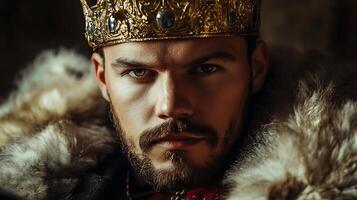 Portrait of a noble with piercing eyes and a golden crown He exudes power and regality Dressed in exquisite attire photo