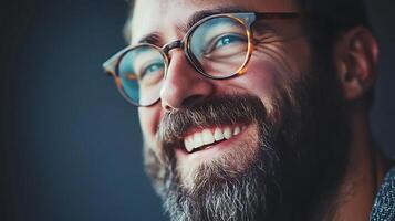 Smiling man with beard wearing eyeglasses Warm expression Close-up portrait against a dark background radiating positivity and joy photo