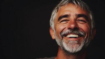 Close-up portrait of a mature man with gray hair and a beard smiling broadly set against a dark solid background photo