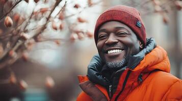 Smiling man in orange puffer jacket and red beanie surrounded by blurred branches evokes a sense of warmth and happiness outdoors photo