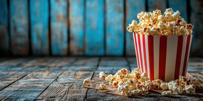 Freshly popped popcorn in striped container on rustic wooden table with blue background photo