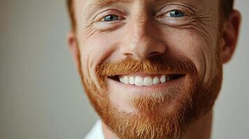 Close-up portrait of a smiling red-haired man showcasing his clear blue eyes freckled skin and vibrant ginger beard against a plain background photo
