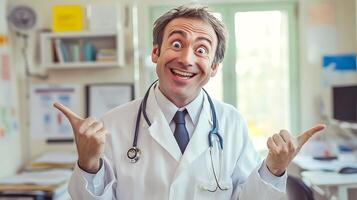 Enthusiastic doctor pointing in two directions with a big smile wearing white coat and stethoscope in a medical office setting photo