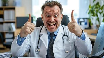 Enthusiastic doctor giving double thumbs-up He's sitting at his desk in a well-lit office expressing joy and approval ready to help patients photo