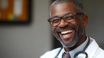 Friendly doctor with a contagious laugh wearing glasses and a lab coat embodying health and confidence with a warm smile photo