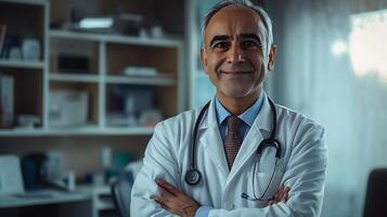 Confident physician with a stethoscope around his neck smiling while standing in his office with arms crossed exuding competence photo