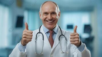 Friendly doctor giving thumbs up for good health wearing a white coat and stethoscope in a modern hospital setting showing encouragement photo
