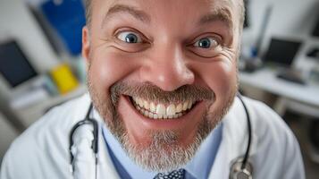 Eccentric doctor with an exaggerated smile and wide eyes captured in a close-up shot conveying humor and unconventional bedside manner photo