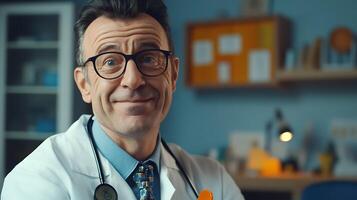 Friendly doctor portrait in office He's smiling wearing glasses and a white coat with a stethoscope He looks approachable photo