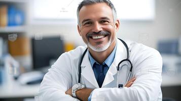 Confident physician with a warm smile wearing a lab coat and stethoscope in a clinic setting He embodies trust and professional care photo