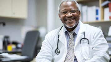 Smiling doctor in a white coat looking at the camera with stethoscope in an office setting Providing compassionate care and expertise photo