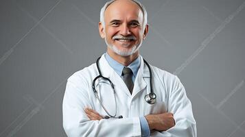 Smiling physician with stethoscope Confident and experienced doctor in a lab coat stands with arms crossed Ready to help patients photo