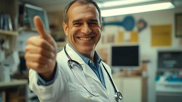 Smiling doctor giving a thumbs up symbolizing health and wellness in a clinical environment stethoscope around neck showing positivity photo