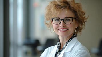 Smiling healthcare professional in a lab coat and glasses looking directly at the viewer standing near an out of focus office building photo