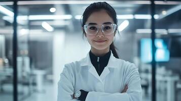 Confident scientist in lab coat and glasses arms crossed in a sterile lab environment showcasing technology and professionalism photo