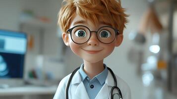 Animated doctor with red hair and glasses in a hospital setting smiling in his white coat and stethoscope ready to provide assistance photo