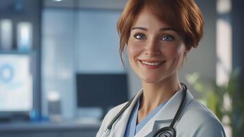 Smiling female doctor in lab coat and stethoscope looking forward with a caring gaze Healthcare professional in a clinical setting photo