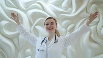 Triumphant doctor with arms raised against a textured white wall radiating success and positivity in the medical field photo