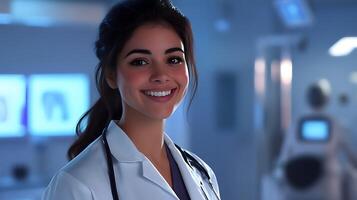 Smiling healthcare professional wearing a white coat and stethoscope in a modern medical setting offering comfort and expertise photo