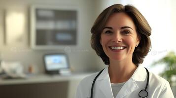 Professional healthcare worker smiles confidently wearing a stethoscope The doctor is ready to assist patients with compassion and expertise photo