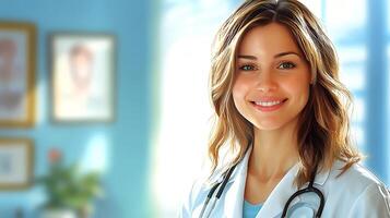 Smiling doctor with stethoscope offers compassionate healthcare She radiates warmth and professionalism in a calming medical setting photo