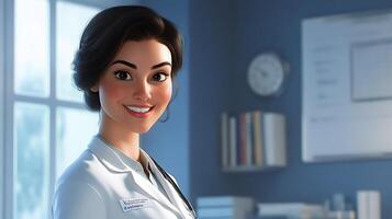 Friendly cartoon doctor smiles in her medical office creating a welcoming and professional atmosphere She wears a lab coat and stethoscope photo