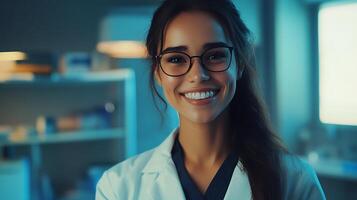 Smiling medical professional in lab coat She has glasses and dark hair and stands in a cool-toned medical setting with a bright smile photo