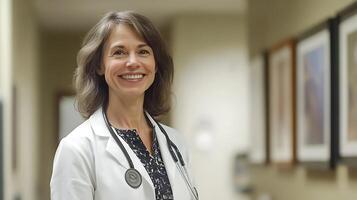 Smiling female physician in a white coat with a stethoscope exudes confidence and expertise in a hallway setting photo