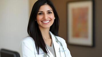 Portrait of a smiling female doctor in a white coat with a stethoscope radiating professionalism and warmth in a medical setting photo