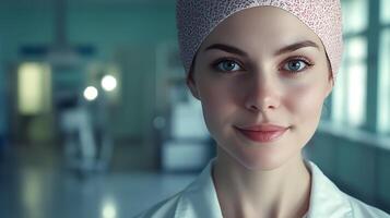 Smiling healthcare professional with a surgical cap and a white coat stands confidently in a hospital environment Medical setting photo