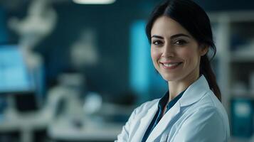 A smiling scientist stands in a modern lab with diagnostic equipment She wears a white coat Confident professional medical setting photo