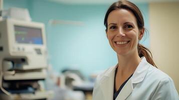 Smiling medical professional in lab coat with medical equipment in the background looking optimistic and trustworthy in the workplace photo
