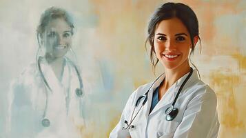 An artwork of a healthcare worker in a white coat with a stethoscope She is smiling and has a supportive caring and compassionate demeanor photo