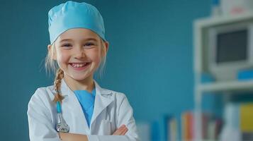 Young girl dressed as a doctor smiling confidently in a clinic She is wearing a lab coat and surgical cap holding a stethoscope photo