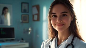 Smiling doctor in white coat with stethoscope in an office setting A modern hopeful image of healthcare photo