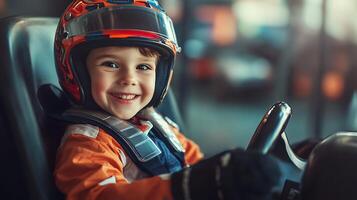 Smiling young child in go-kart orange suit and helmet driving with joy and passion for racing embodying the spirit of adventure and fun photo