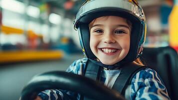 Excited child smiles in helmet while steering a car radiating joy and enthusiasm for the fun activity in a colorful indoor setting photo
