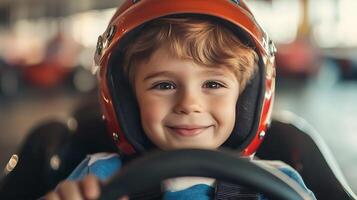 Joyful boy with helmet driving Go Kart with smile Captures the pure delight of childhood adventures and competitive fun in a go-kart photo