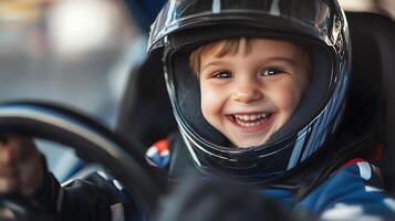 A young child smiles while driving a vehicle expressing joy and excitement with a helmet on ready for an adventure photo
