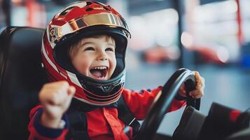 Joyful child in racing helmet with hands on wheel smiling with glee ready for speed Excitement and adventure captured in a single frame photo