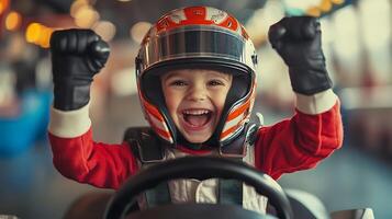 A young boy triumphantly celebrates a go-kart race win wearing a helmet and gloves expressing joy with raised fists He is smiling widely photo