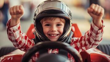 Joyful young child revs a miniature race car helmet gleaming grinning with pure unadulterated delight and fists raised in triumph photo