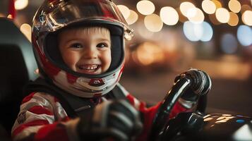Joyful toddler beaming in a racing helmet gripping the wheel of a go-kart with pure delight amidst a backdrop of vibrant bokeh lights photo