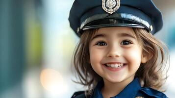 Smiling child dressed in a police costume looking directly at the camera with a bright cheerful expression showcasing youthful joy photo