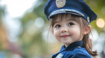 Adorable girl wearing a uniform She has a sweet smile and is looking to the right She is ready to serve and protect photo