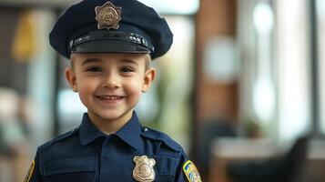 Young boy dressed in a police officer's uniform smiling confidently embodying innocence and aspiration with a background setting photo