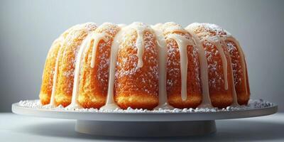 Delicious bundt cake decorated with icing sits on a white pedestal in a well-lit kitchen setting photo