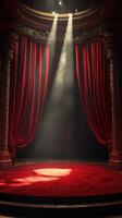 Stage set with red curtains illuminated by beams of light creating a dramatic atmosphere for a performance photo
