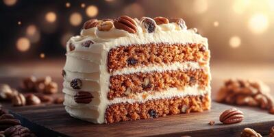 Delicious layers of carrot cake with cream cheese frosting and pecans displayed on a wooden board photo